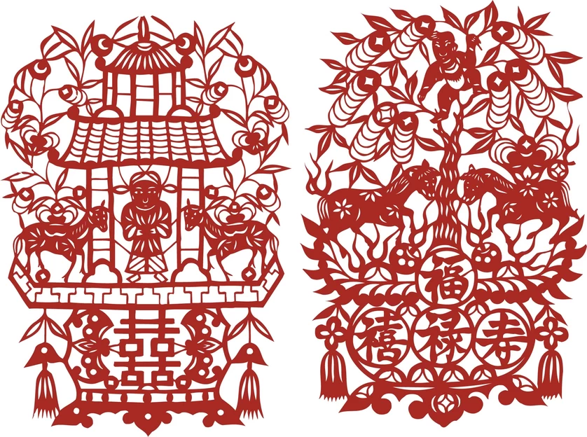 中国风中式传统喜庆民俗人物动物窗花剪纸插画边框AI矢量PNG素材【1304】